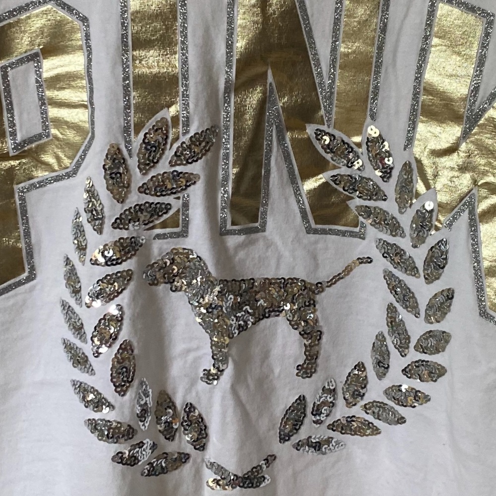 PINK Gold & Sequin Logo on White Tee